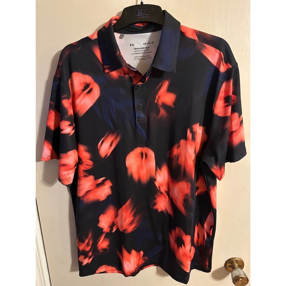 Playoff Polo Under Armour Shirt Large Black Orange Blue Floral Golf Athletic
